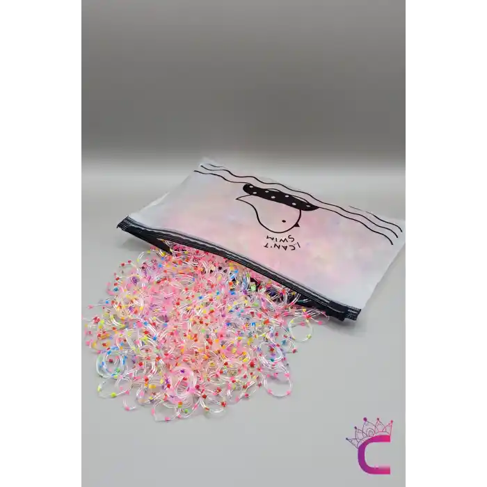 1000li Çantalı Dayanıklı Perma Lastik Toka Seti - Şeffaf Floresan Renkli Saç Lastiği Örgü Tokası