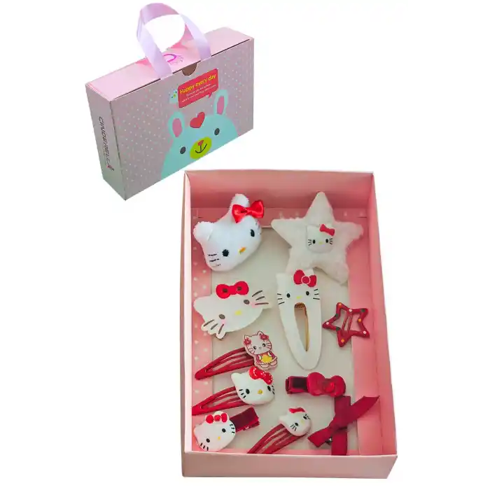 11li Hediyelik Kutulu Hello Kitty Toka Seti Kırmızı- Kız Çocuk Bebek Saç Tokası Doğum Günü Hediyesi