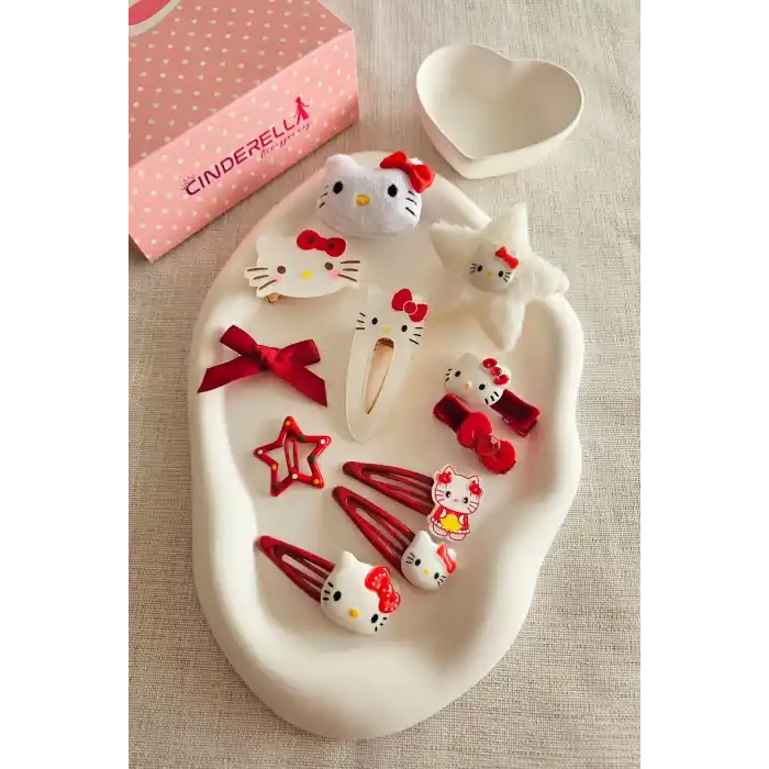 11li Hediyelik Kutulu Hello Kitty Toka Seti Kırmızı- Kız Çocuk Bebek Saç Tokası Doğum Günü Hediyesi