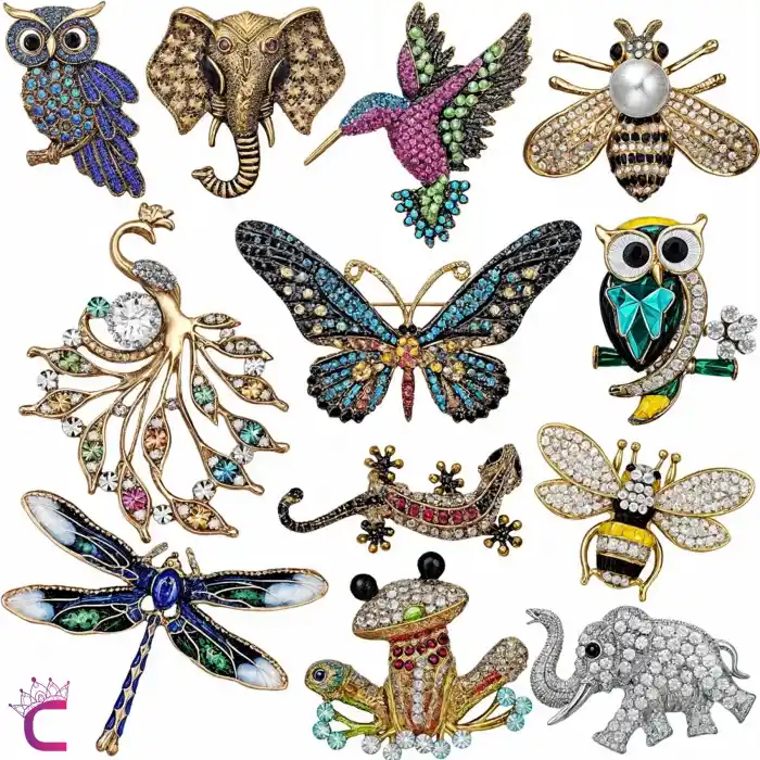 12li Zirkon Taşlı Tasarım Broş Seti - Arı Baykuş Tavus Kuşu Kurbağa Kelebek Fil Yusufçuk Kertenkele