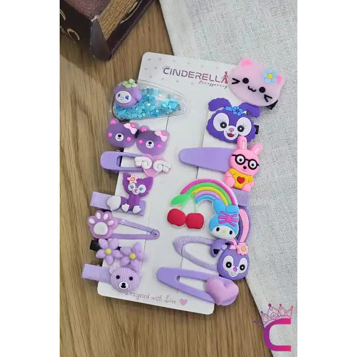 14lü Pembe & Lila Tonlu Kız Çocuk Toka Seti - Renkli Karışık Figür Pens Klipsli Çıtçıtlı Saç Tokası