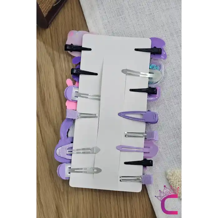 14lü Pembe & Lila Tonlu Kız Çocuk Toka Seti - Renkli Karışık Figür Pens Klipsli Çıtçıtlı Saç Tokası
