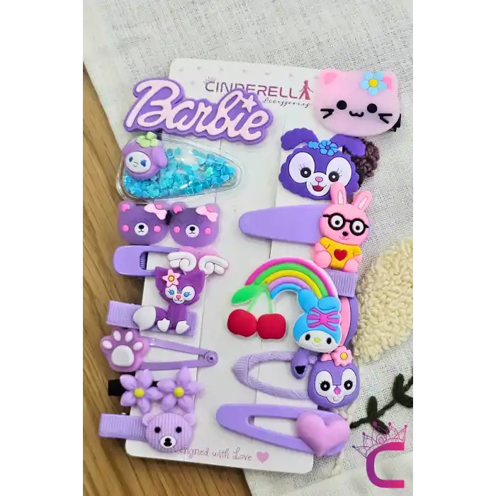 14lü Pembe & Lila Tonlu Kız Çocuk Toka Seti - Renkli Karışık Figür Pens Klipsli Çıtçıtlı Saç Tokası