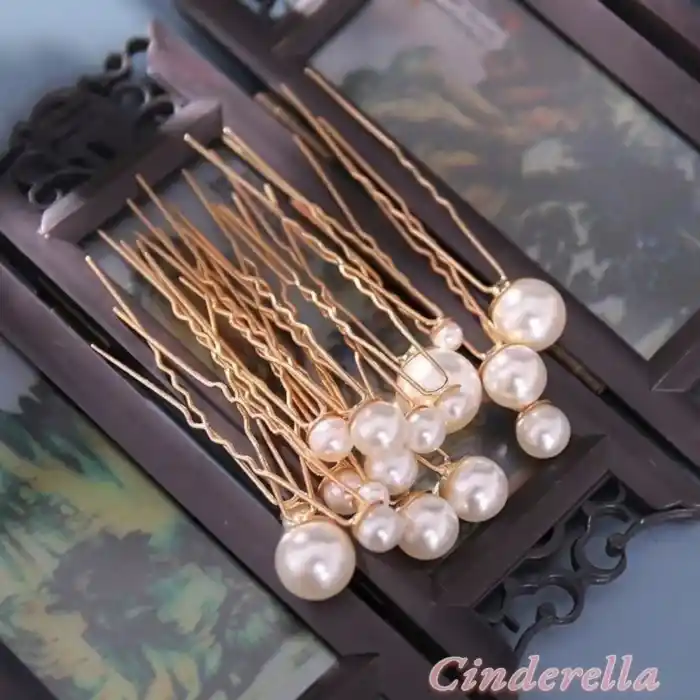 18li Düğün Gelin İnci Firkete Set Gold - Nişan Topuz Tokası - Doğum Günü Parti Saç Aksesuarı