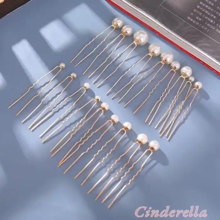 18li Düğün Gelin İnci Firkete Set Gold - Nişan Topuz Tokası - Doğum Günü Parti Saç Aksesuarı