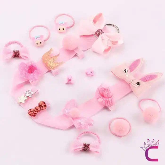 18li Hediyelik Çanta Kutulu Bebek Toka Seti Pembe - Kız Çocuk Taç Fiyonk Çıtçıt Lastik Saç Tokası