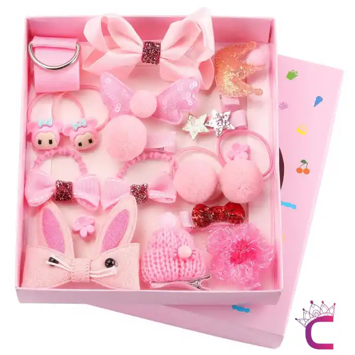 18li Hediyelik Çanta Kutulu Bebek Toka Seti Pembe - Kız Çocuk Taç Fiyonk Çıtçıt Lastik Saç Tokası