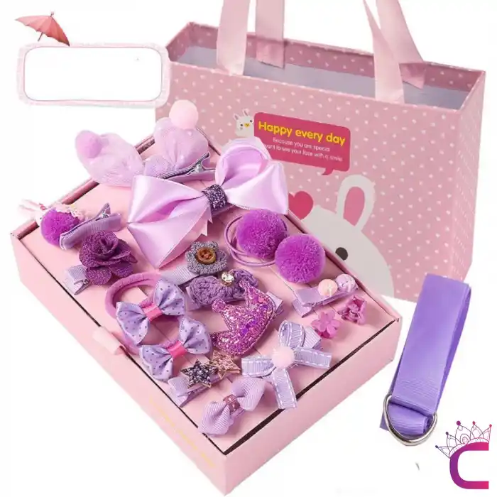 18li Lila Hediyelik Çanta Kutulu Kız Bebek Toka Seti - Çocuk Yıldız Fiyonk Lastik Pens Saç Tokası