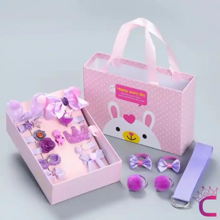 18li Lila Hediyelik Çanta Kutulu Kız Bebek Toka Seti - Çocuk Yıldız Fiyonk Lastik Pens Saç Tokası