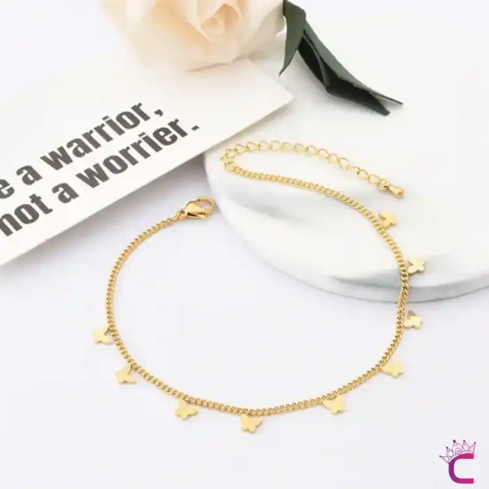 18k Altın Kaplama Paslanmaz Çelik Gold Kelebekli Kadın Halhal - Ayak Bilekliği Zinciri Halhal