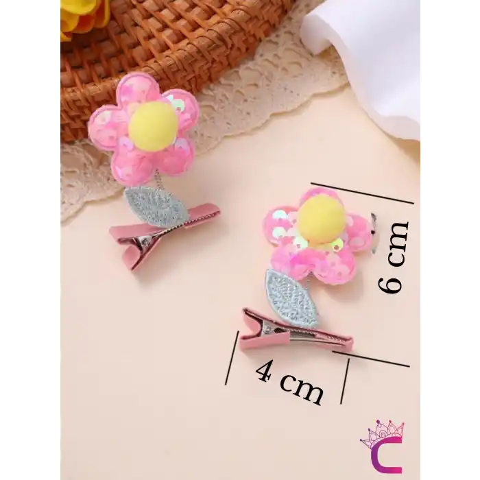 2li 3D Boyutlu Pembe Sarı Ponponlu Pullu Çiçekli Yeşil Yapraklı Sallanan Pens Toka Seti Saç Tokası