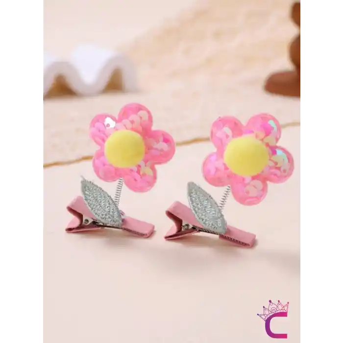 2li 3D Boyutlu Pembe Sarı Ponponlu Pullu Çiçekli Yeşil Yapraklı Sallanan Pens Toka Seti Saç Tokası