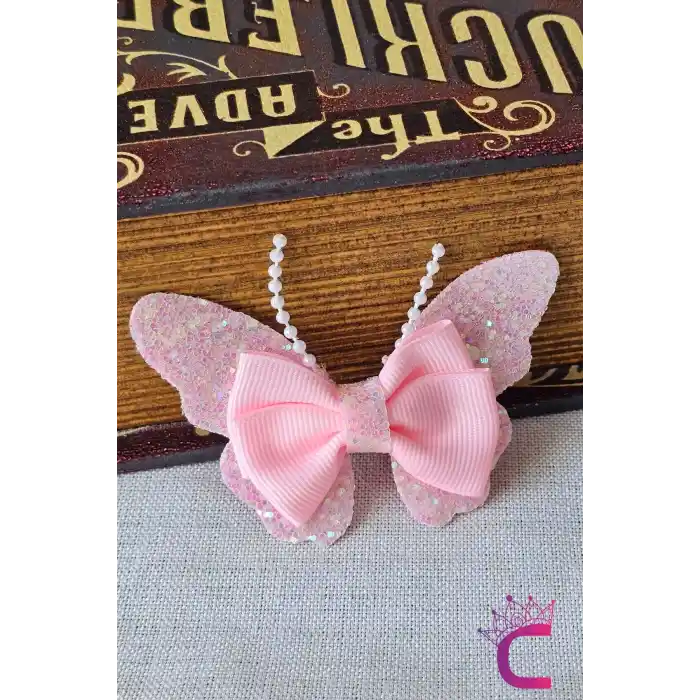2li Bebek Pembe Simli İncili Taşlı Fiyonk Kelebek Toka Seti 8cm - Çocuk Kelebekli Pens Saç Tokası