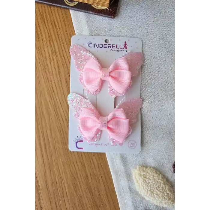 2li Bebek Pembe Simli İncili Taşlı Fiyonk Kelebek Toka Seti 8cm - Çocuk Kelebekli Pens Saç Tokası