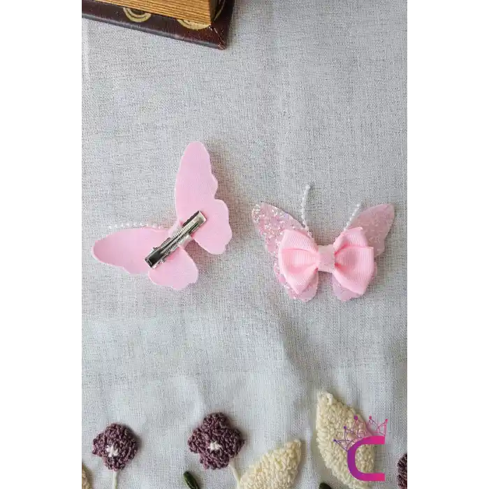 2li Bebek Pembe Simli İncili Taşlı Fiyonk Kelebek Toka Seti 8cm - Çocuk Kelebekli Pens Saç Tokası