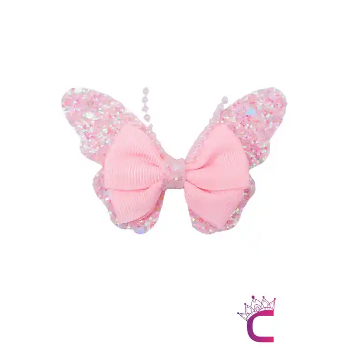 2li Bebek Pembe Simli İncili Taşlı Fiyonk Kelebek Toka Seti 8cm - Çocuk Kelebekli Pens Saç Tokası