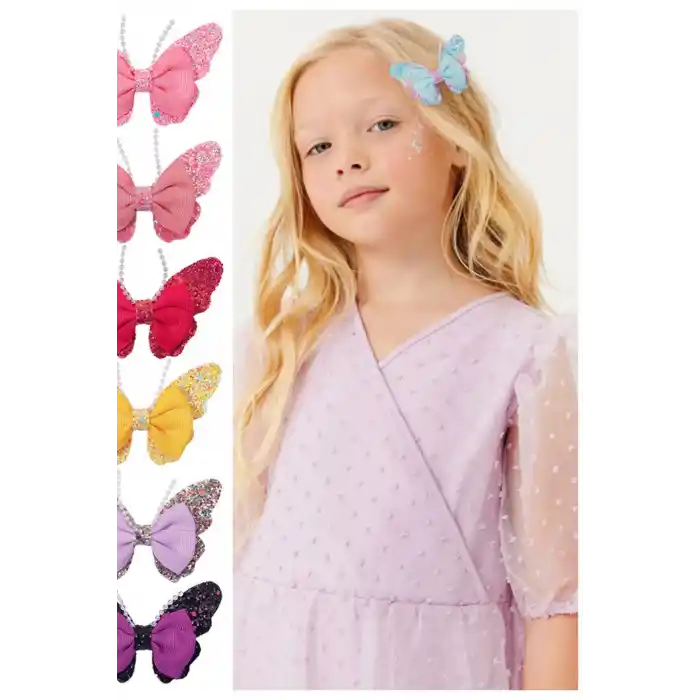 2li Bebek Pembe Simli İncili Taşlı Fiyonk Kelebek Toka Seti 8cm - Çocuk Kelebekli Pens Saç Tokası