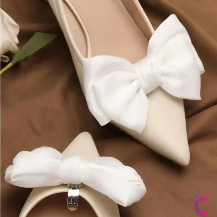2li Beyaz Kurdeleli Fiyonklu Çıkarılabilir Klipsli Ayakkabı Süsü - Yaka Süsü Ayakkabı Charmı Tokası