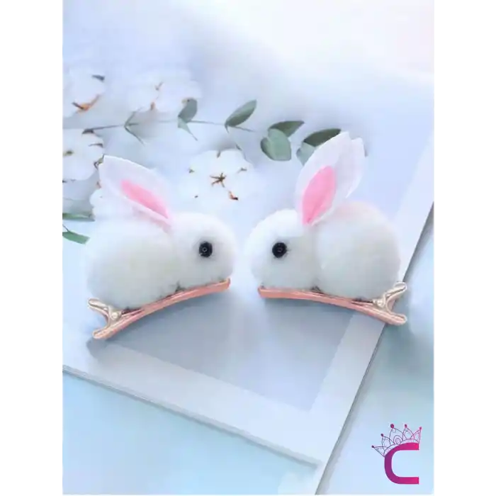 2li Beyaz Tavşanlı Yumuşak Astarlı Klips Toka Seti - Kız Bebek Çocuk Klipsli Pens Saç Tokası