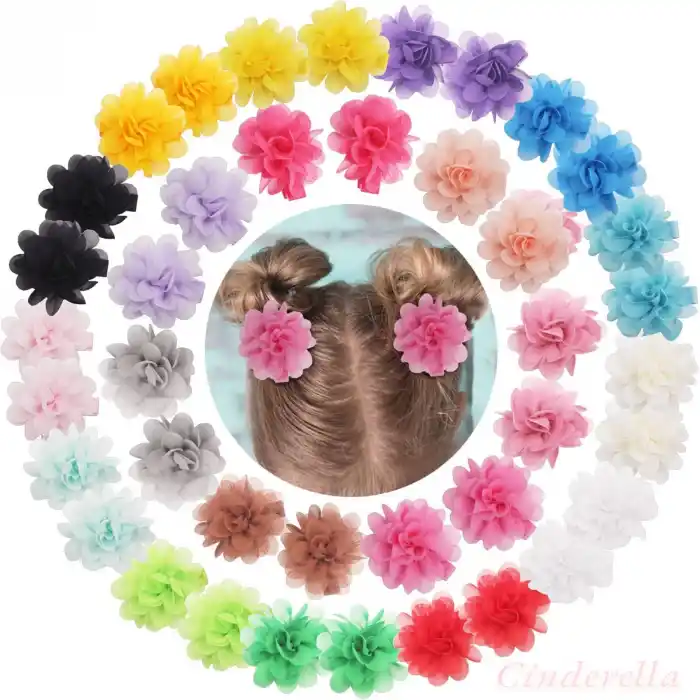 2li Chiffon Flower Kız Çocuk Toka Seti Beyaz - Çiçekli Kız Bebek Çocuk Saç Tokası Klips Pens Toka