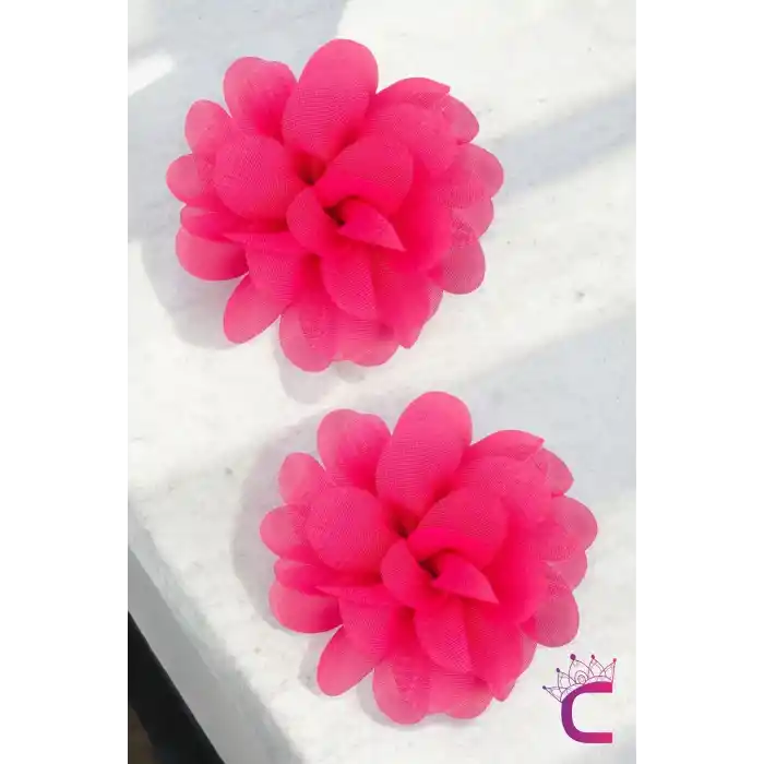 2li Chiffon Flower Kız Çocuk Toka Seti Fuşya Renkli - Çiçekli Bebek Çocu Çıt Çıt Pens Saç Tokası