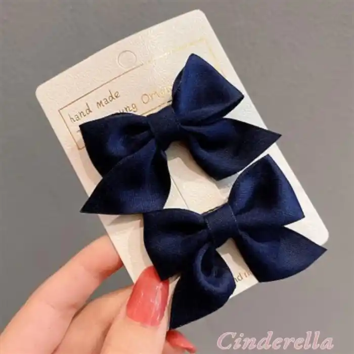 2li Çocuk Saten Fiyonk Toka Seti Lacivert - Kurdele Fiyonklu Klips Pens Saç Tokası