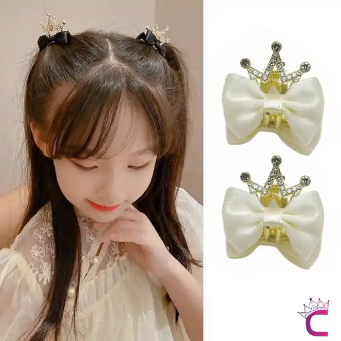 2li Fiyonk Kurdele Kraliçe Taçlı Kristal Taşlı Saç Tokası Beyaz - Kız Çocuk Doğum Günü Prenses Tacı