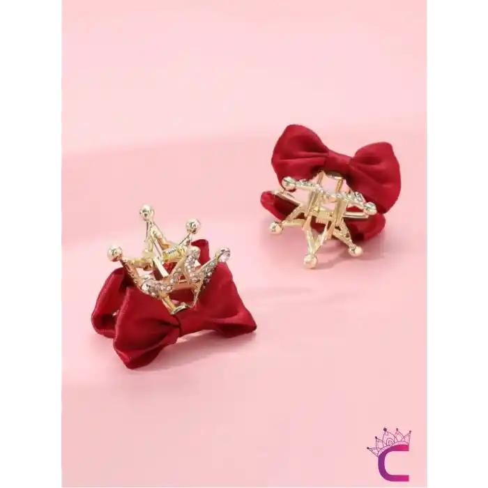 2li Fiyonk Kurdele Kraliçe Taçlı Kristal Taşlı Saç Tokası Kırmızı - Çocuk Doğum Günü Prenses Tacı