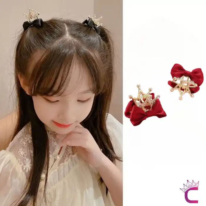 2li Fiyonk Kurdele Kraliçe Taçlı Kristal Taşlı Saç Tokası Kırmızı - Çocuk Doğum Günü Prenses Tacı