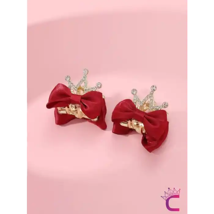 2li Fiyonk Kurdele Kraliçe Taçlı Kristal Taşlı Saç Tokası Kırmızı - Çocuk Doğum Günü Prenses Tacı