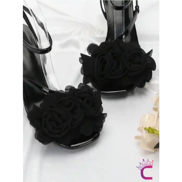 2li Fransız Tarz Siyah Çiçekli Çıkarılabilir Klipsli Ayakkabı Süsü - Sandalet Babet Tokası Charmı