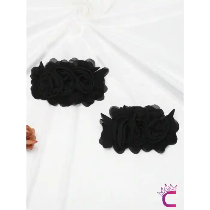 2li Fransız Tarz Siyah Çiçekli Çıkarılabilir Klipsli Ayakkabı Süsü - Sandalet Babet Tokası Charmı