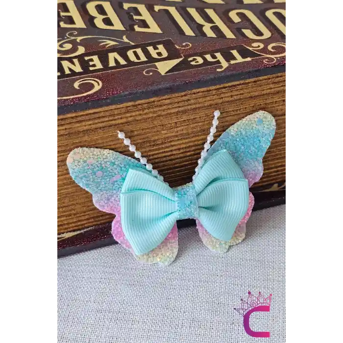 2li Gökkuşağı Renkli Simli İncili Kız Çocuk Fiyonklu Kurdeleli Mavi Kelebekli Pens Toka Seti 8cm