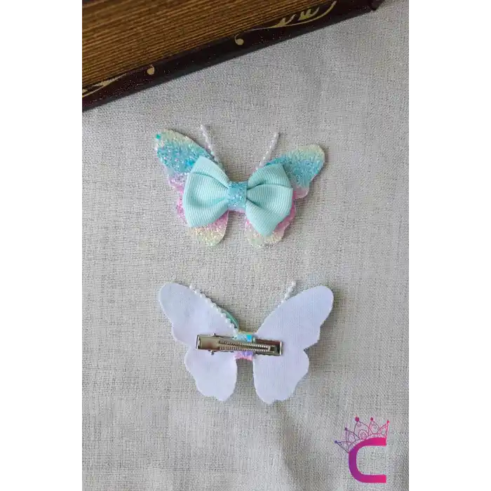 2li Gökkuşağı Renkli Simli İncili Kız Çocuk Fiyonklu Kurdeleli Mavi Kelebekli Pens Toka Seti 8cm