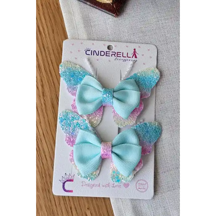 2li Gökkuşağı Renkli Simli İncili Kız Çocuk Fiyonklu Kurdeleli Mavi Kelebekli Pens Toka Seti 8cm