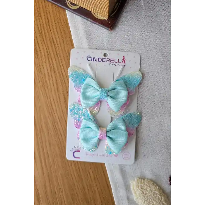 2li Gökkuşağı Renkli Simli İncili Kız Çocuk Fiyonklu Kurdeleli Mavi Kelebekli Pens Toka Seti 8cm