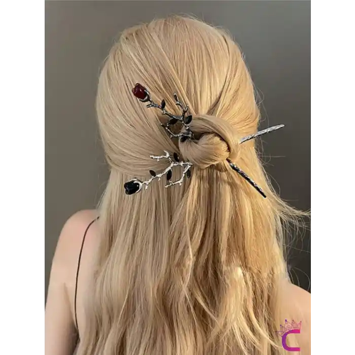 2li Gothic Siyah Kırmızı Gül Metal Topuz Saç Tokası 17cm - Hediyelik Çin Japon Tarz Çubuk Toka