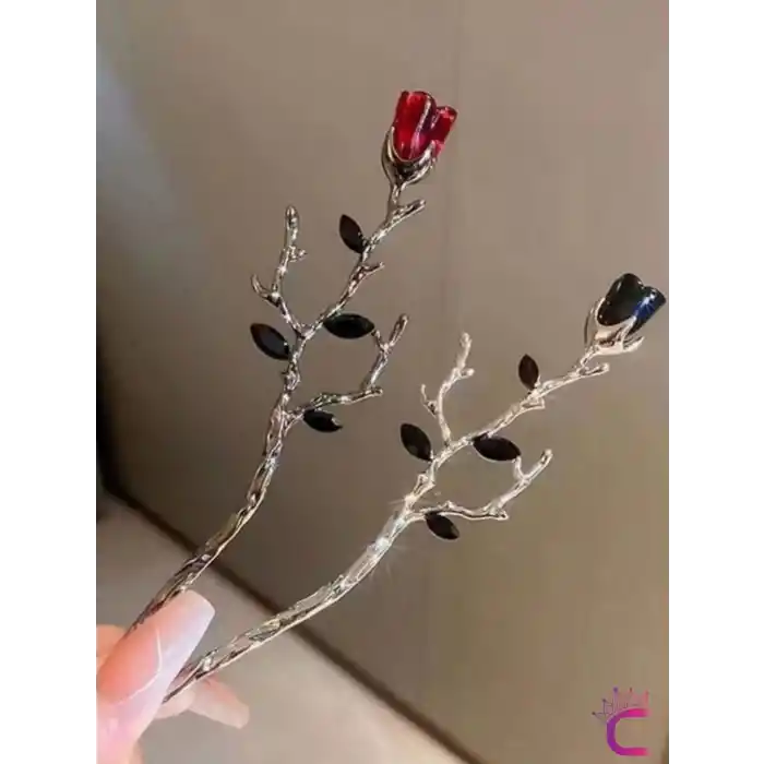2li Gothic Siyah Kırmızı Gül Metal Topuz Saç Tokası 17cm - Hediyelik Çin Japon Tarz Çubuk Toka