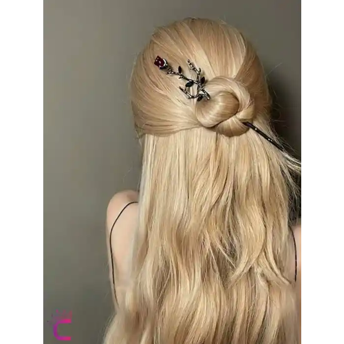 2li Gothic Siyah Kırmızı Gül Metal Topuz Saç Tokası 17cm - Hediyelik Çin Japon Tarz Çubuk Toka