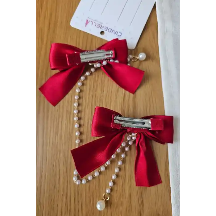 2li İncili Sallantılı Kırmızı Fiyonk Pens Toka Seti - Zarif Kız Çocuk Kurdeleli Fiyonklu Saç Tokası