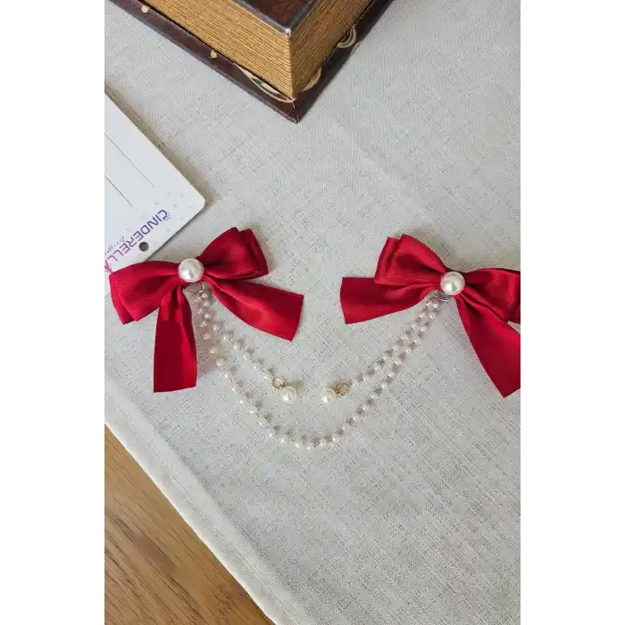 2li İncili Sallantılı Kırmızı Fiyonk Pens Toka Seti - Zarif Kız Çocuk Kurdeleli Fiyonklu Saç Tokası