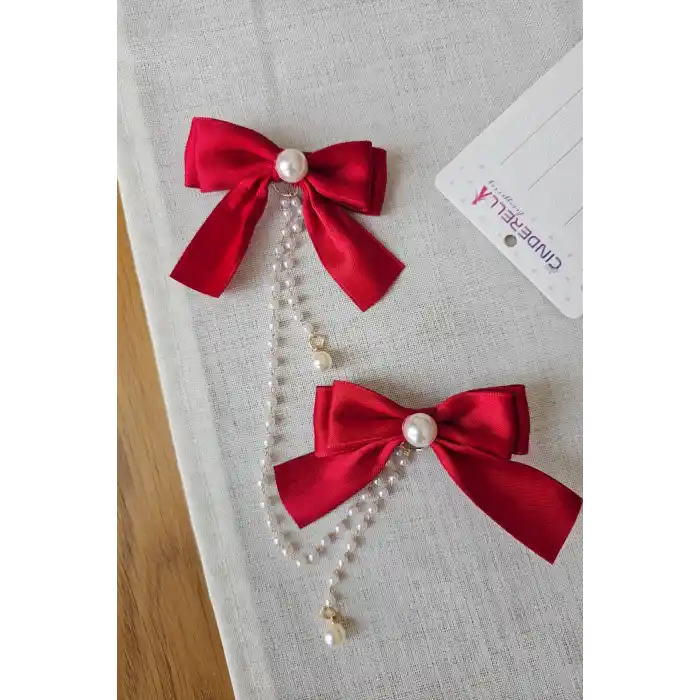 2li İncili Sallantılı Kırmızı Fiyonk Pens Toka Seti - Zarif Kız Çocuk Kurdeleli Fiyonklu Saç Tokası