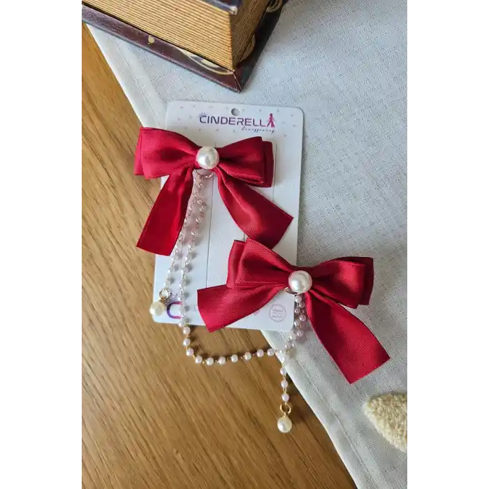 2li İncili Sallantılı Kırmızı Fiyonk Pens Toka Seti - Zarif Kız Çocuk Kurdeleli Fiyonklu Saç Tokası