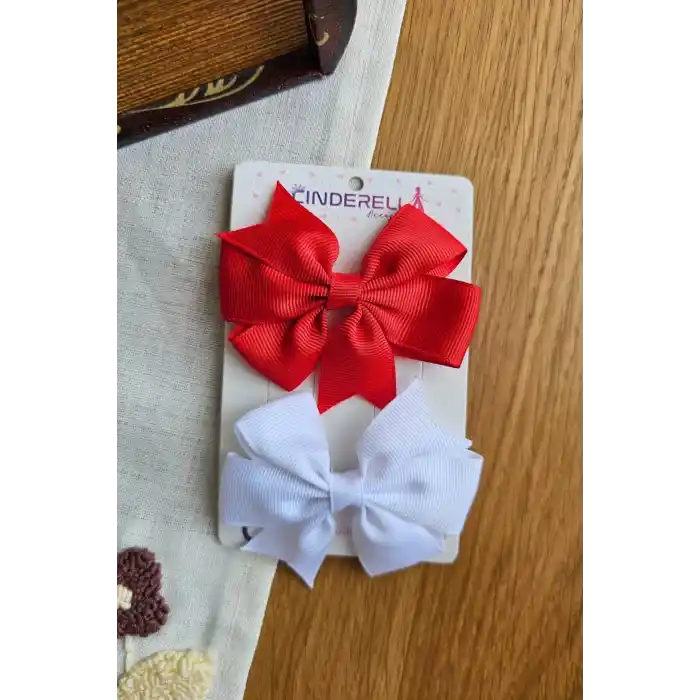 2li Kırmızı Beyaz Kurdele Fiyonk Pens Çocuk Toka 8 cm - 23 Nisan 29 Ekim Cumhuriyet Bayramı Tokası