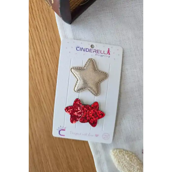 2li Kırmızı Gold Renkli Yıldızlı Yumuşak Saçsız Bebek Tokası - Az Saçlı Kız Bebek Çıt Çıt Toka Seti