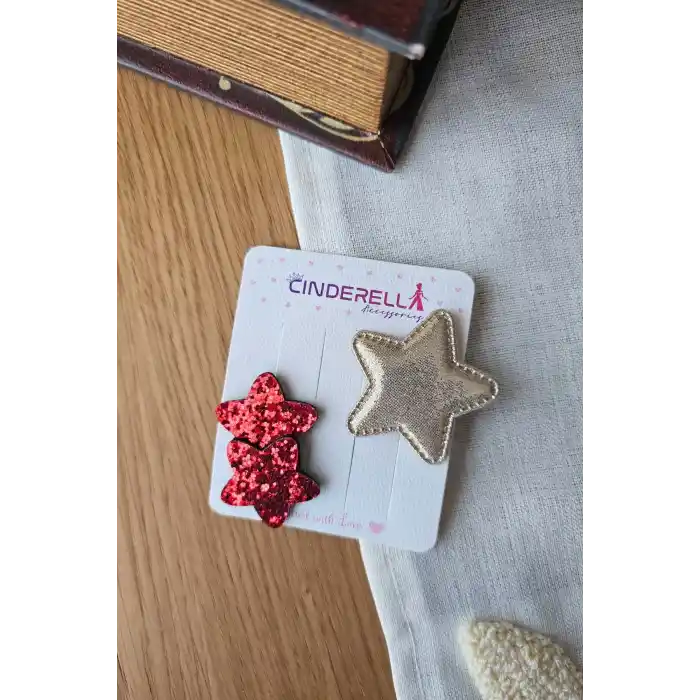 2li Kırmızı Gold Renkli Yıldızlı Yumuşak Saçsız Bebek Tokası - Az Saçlı Kız Bebek Çıt Çıt Toka Seti