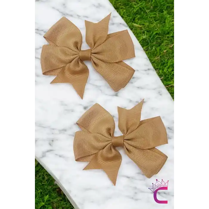 2li Kız Çocuk Grogren Saten Fiyonk Toka Seti Bej Renk - Fiyonklu Kurdele Klips Pens Saç Tokası