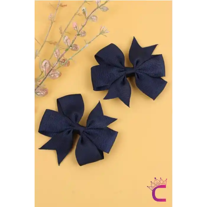 2li Kız Çocuk Grogren Saten Fiyonk Toka Seti Lacivert - Fiyonklu Kurdele Klips Pens Saç Tokası