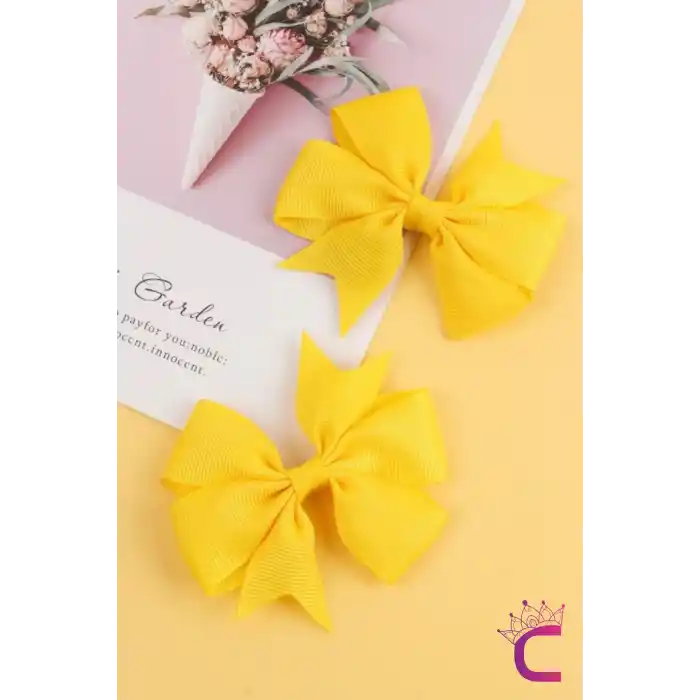 2li Kız Çocuk Grogren Saten Fiyonk Toka Seti Sarı - Fiyonklu Kurdele Klips Pens Saç Tokası