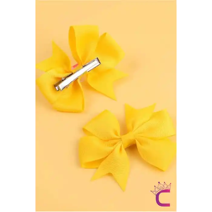2li Kız Çocuk Grogren Saten Fiyonk Toka Seti Sarı - Fiyonklu Kurdele Klips Pens Saç Tokası